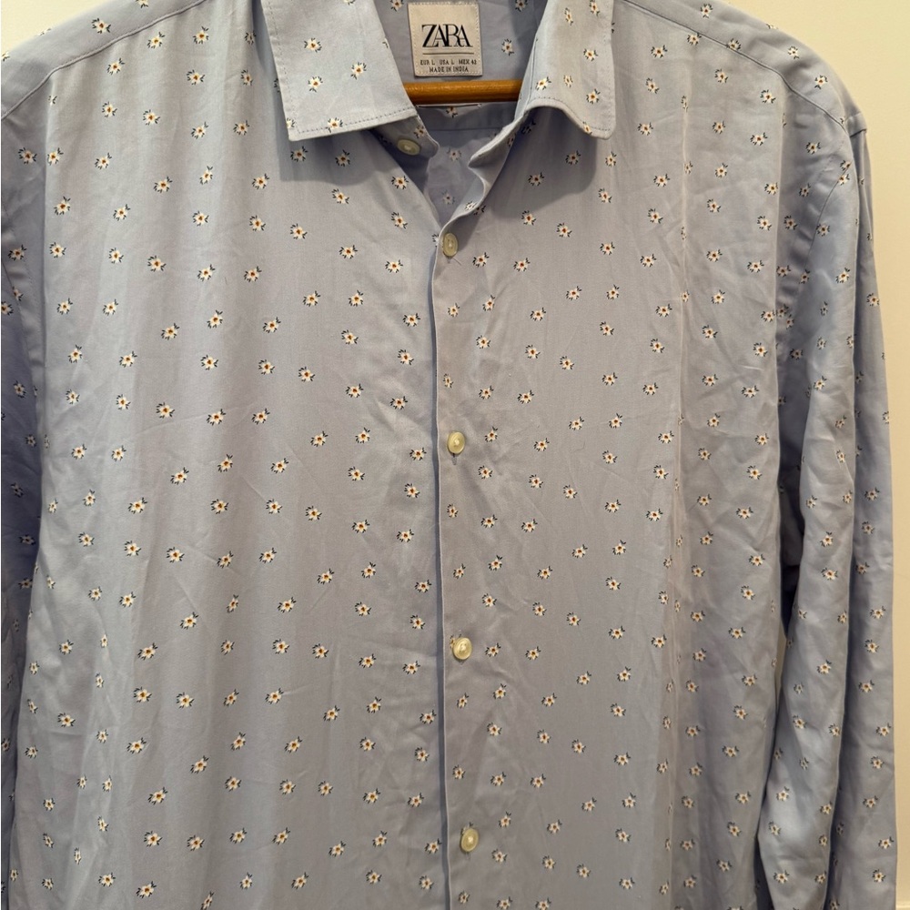 Zara Men’s Shirt, Light Blue with floral detail pattern